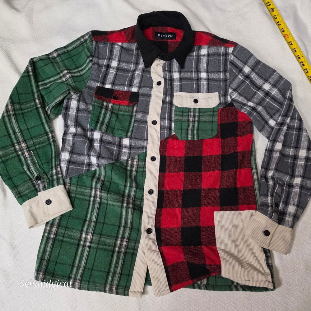 Reason Mens Patchwork Plaid Flannel Shirt Colorblock Corduroy Trim RER5-014AS L
